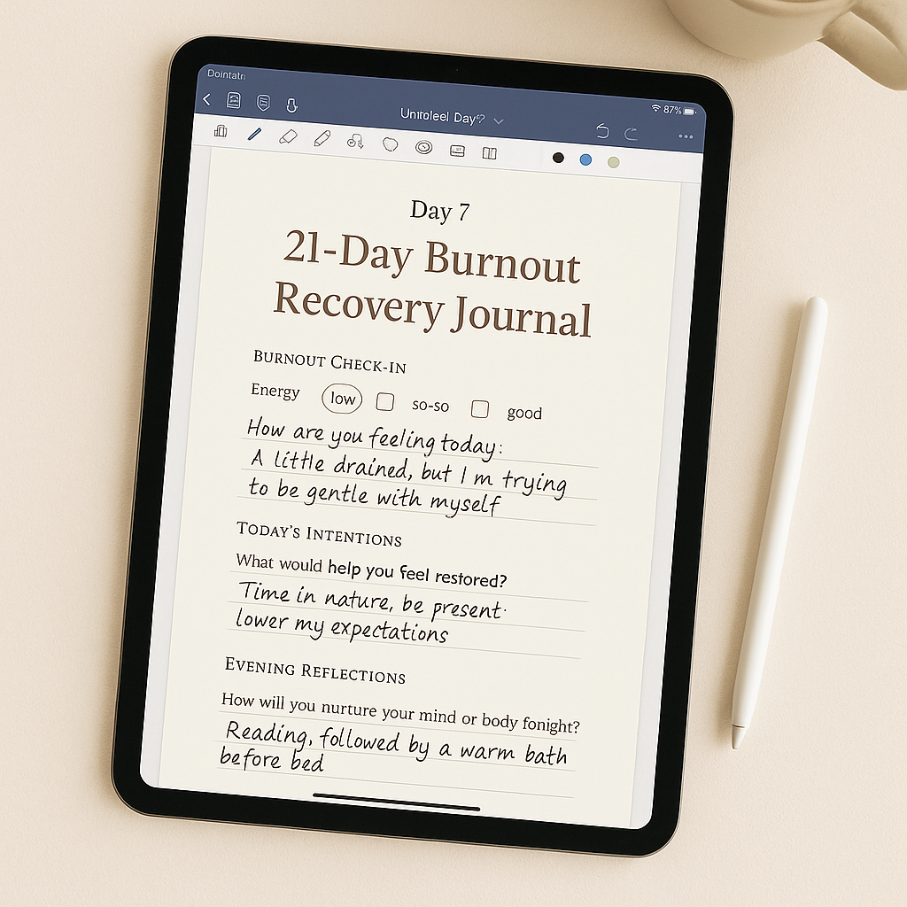 Burnout Recovery Journal – 21-Day Reset for Rest, Clarity & Self-Compassion (Digital Download + Bonus Affirmation Cards)