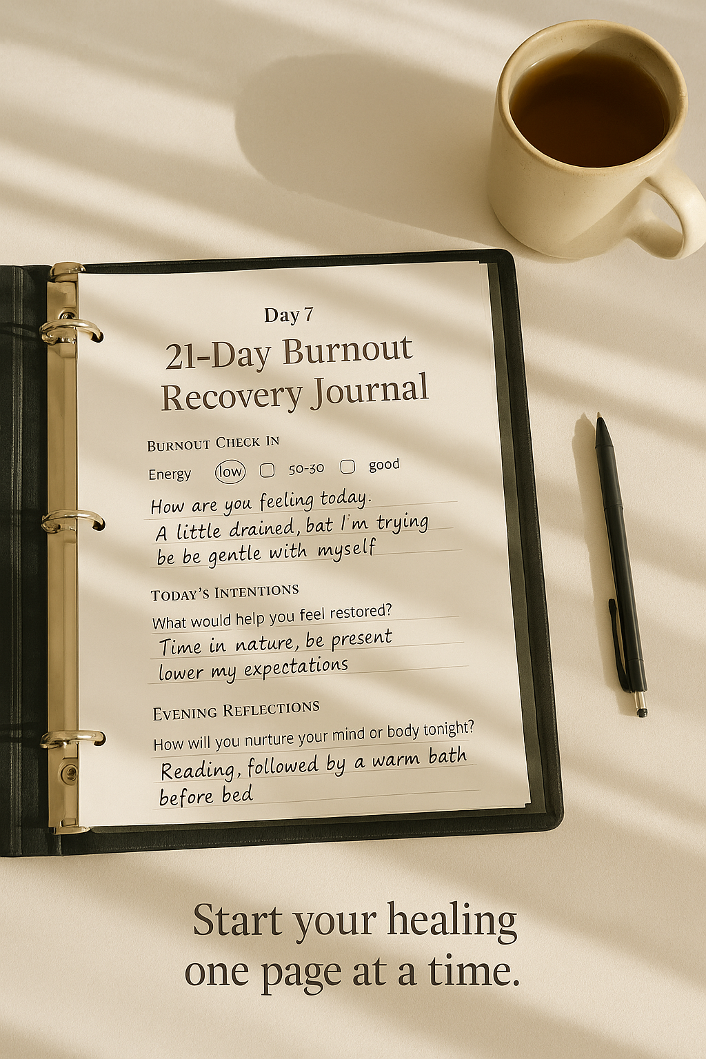 Burnout Recovery Journal – 21-Day Reset for Rest, Clarity & Self-Compassion (Digital Download + Bonus Affirmation Cards)
