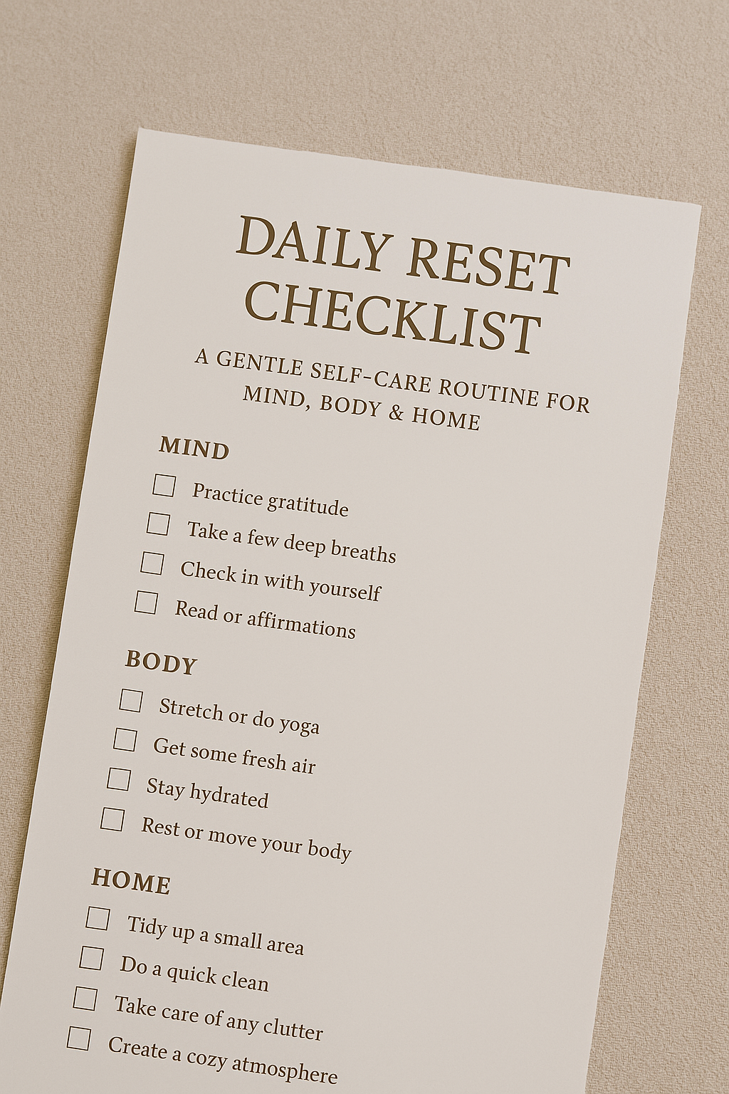 Daily Reset Checklist – A Gentle Self-Care Routine for Mind, Body, & Home