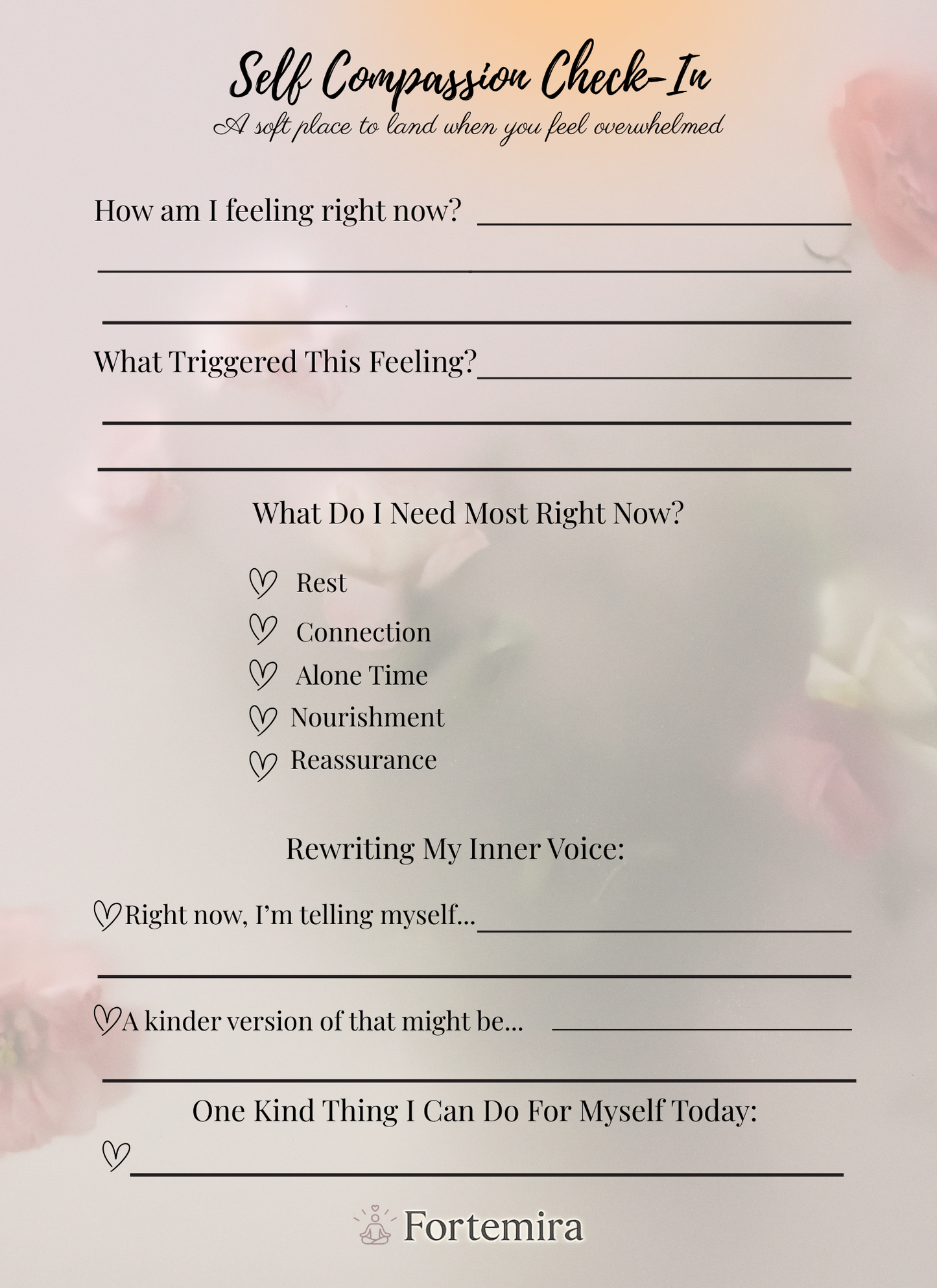 Self-Compassion Check-In – A Mindful Worksheet for Gentle Reflection
