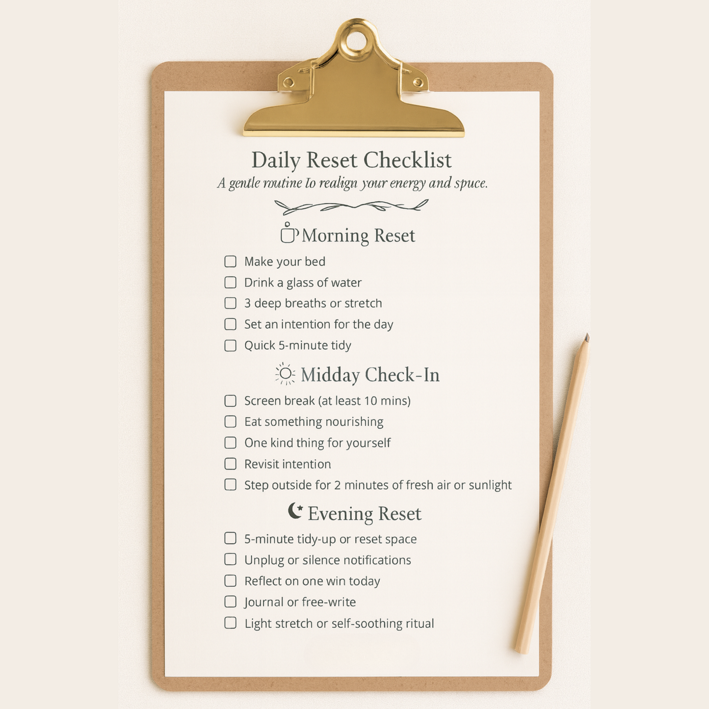 Daily Reset Checklist – A Gentle Self-Care Routine for Mind, Body, & Home