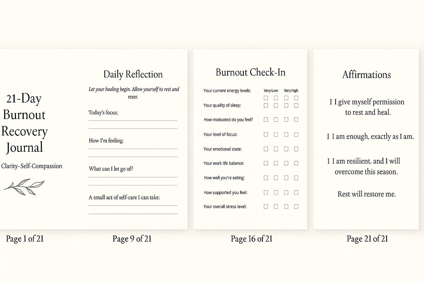 Burnout Recovery Journal – 21-Day Reset for Rest, Clarity & Self-Compassion (Digital Download + Bonus Affirmation Cards)